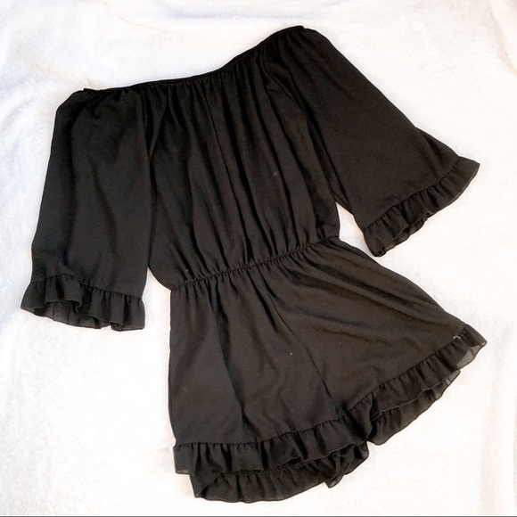 The Impeccable Pig Black Off the Shoulder Romper - Picture 1 of 11